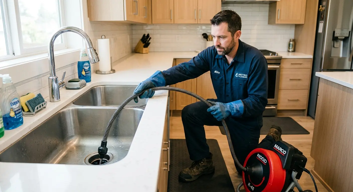 Drain cleaning technician using a motorized snake on a kitchen sink in Anthem
