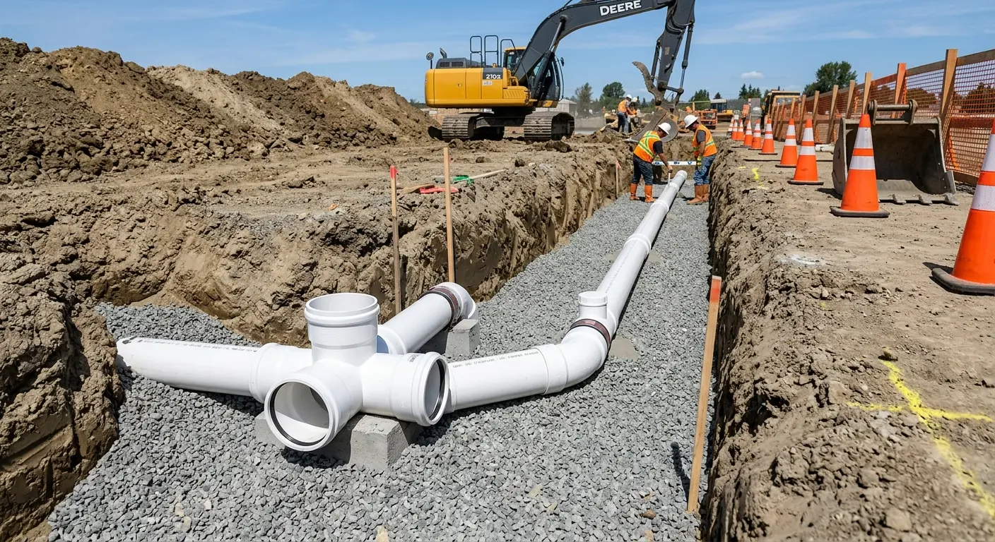 New PVC sewer pipe installation in open trench for Grease Trap Cleaning in Anthem