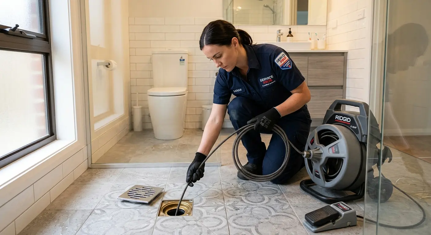 Technician clearing a bathroom floor drain for Hydro Jetting in Anthem